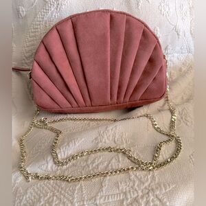 Express Faux suede cross body bag with 23” gold removable chain strap